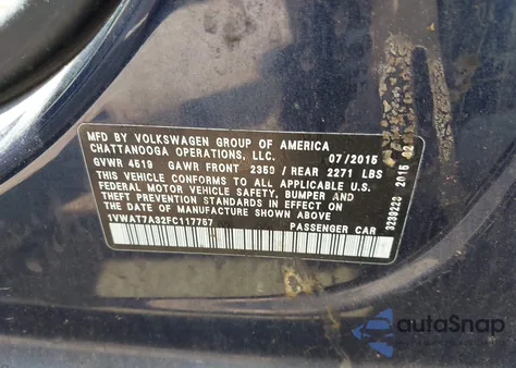 2015 Volkswagen Passat 1.8T Limited Edition from USA, damaged, VIN 1VWAT7A32FC117757